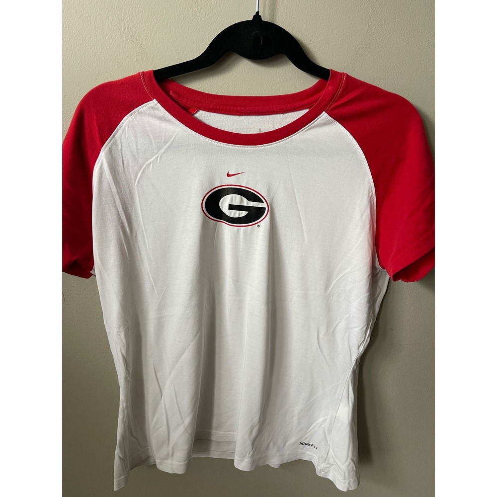 Nike Team Georgia Bulldogs T-Shirt Women Large White Red Raglan Nike FIT DRY